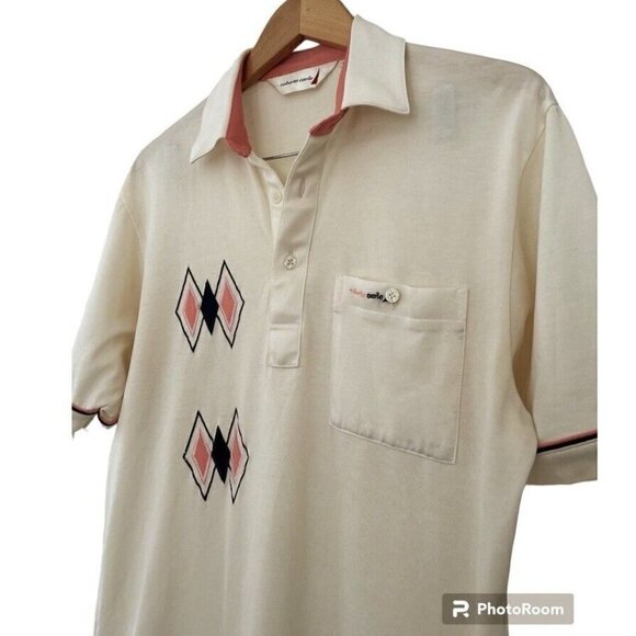 VTG Roberto Carlo Men's Sz M Pullover Polo Shirt Cream with Peach Black Diamonds - Picture 2 of 8